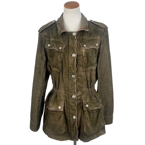 Free People Distressed Olive Button Front Relaxed Military Jacket Gorpcore Boho - Picture 2 of 16